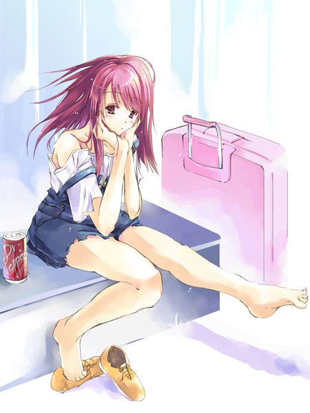 naegino sora, dr pepper, kaleido star, 00s, 1girl, bare shoulders, barefoot, can, drink can, feet, female focus, full body, shoes, soda can, soft drink, solo, spread toes, suitcase, toes