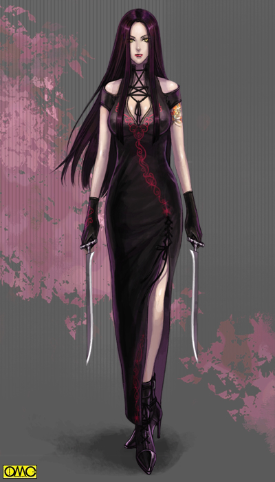 bare shoulders, black hair, dress, gloves, long hair, solo, sword, weapon