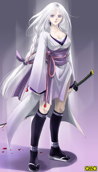 omc, 1girl, blood, braid, breasts, cleavage, female focus, japanese clothes, long hair, purple eyes, sandals, solo, sword, thighhighs, very long hair, weapon, white hair