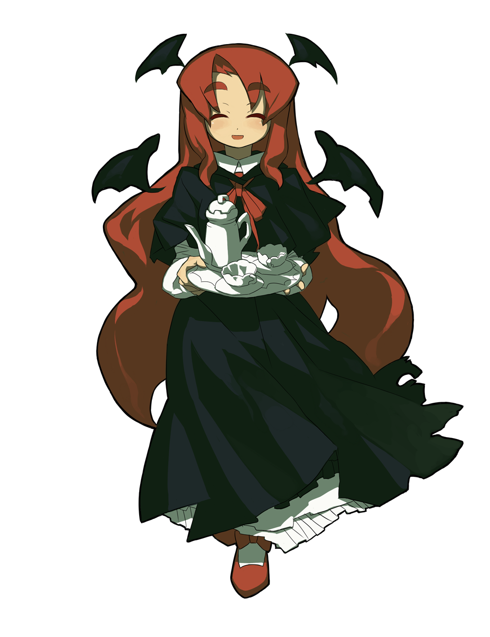 itsukia, koakuma, embodiment of scarlet devil, touhou, bad id, bad pixiv id, highres, 1girl, brown hair, closed eyes, demon wings, female focus, full body, head wings, simple background, solo, standing, white background, wings