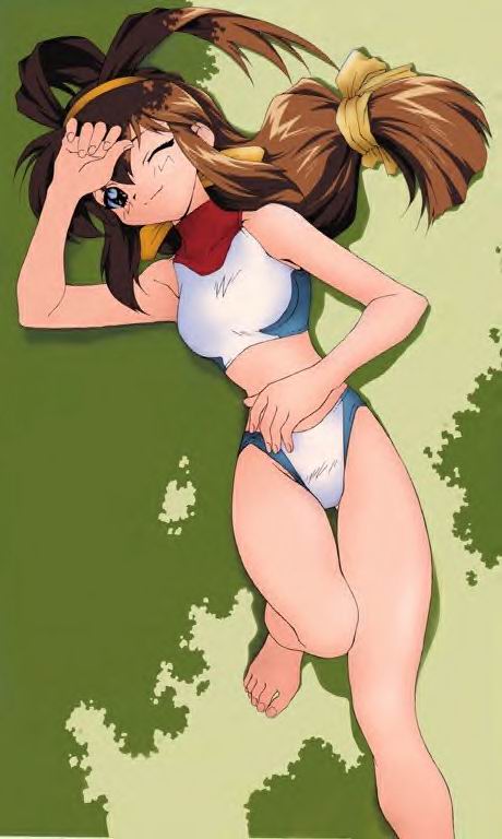 kanzaki akari, battle athletes, jpeg artifacts, 1990s (style), 1girl, barefoot, brown eyes, brown hair, long hair, low-tied long hair, lying, one eye closed, retro artstyle, wink