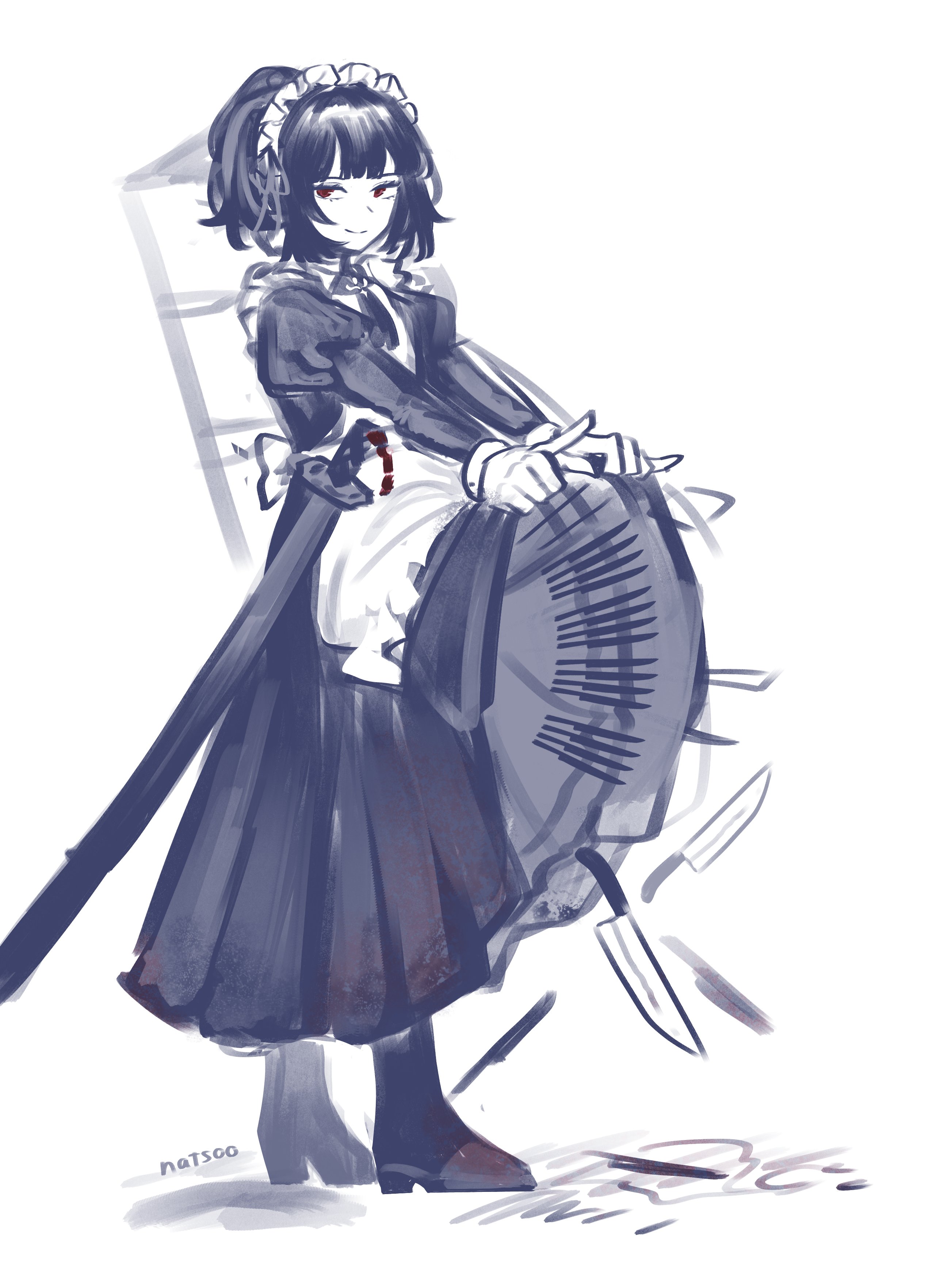 natsoo (natsoomeee), ryoshu (project moon), limbus company, project moon, absurdres, highres, 1girl, apron, black dress, black hair, clothes lift, dress, full body, juliet sleeves, knife, long hair, long sleeves, looking at viewer, maid apron, maid headdress, partially colored, ponytail, puffy sleeves, red eyes, simple background, skirt, skirt lift, solo, standing, white apron, white background, wuthering heights (identity) (project moon)