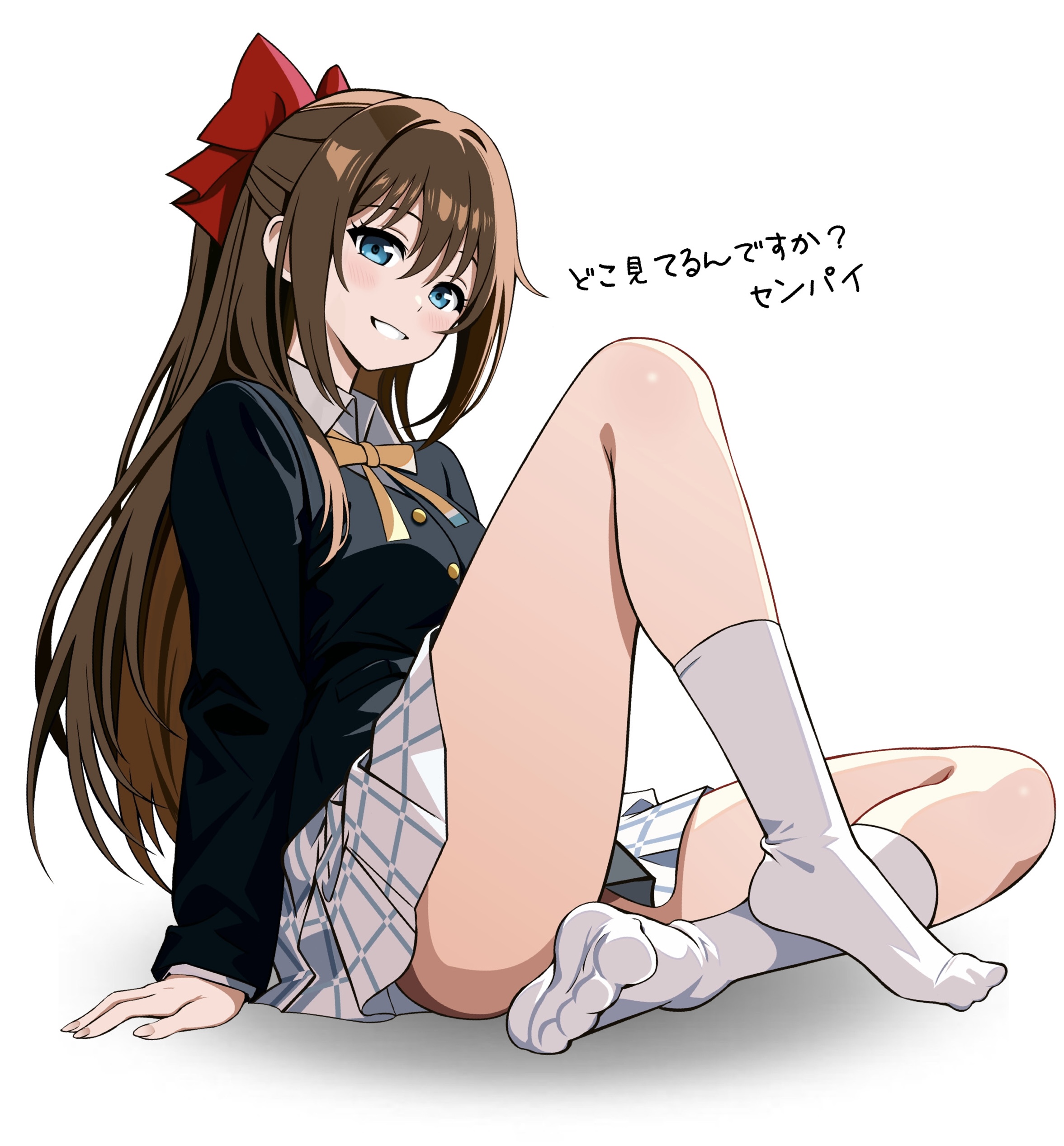 zaofeng, osaka shizuku, love live!, love live! nijigasaki high school idol club, absurdres, highres, 1girl, black jacket, blazer, blue eyes, bow, brown hair, collared shirt, grin, hair bow, jacket, long hair, long sleeves, nijigasaki school uniform, no shoes, pleated skirt, red bow, school uniform, shirt, sidelocks, simple background, sitting, skirt, smile, socks, soles, solo, teeth, thighs, white background, white shirt, white skirt
