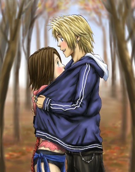 tidus, yuna, yuna (ff10), final fantasy, final fantasy x, final fantasy x-2, 00s, 1boy, 1girl, ass, bikini, blonde hair, blush, brown eyes, brown hair, couple, hetero, hug, jacket, shared clothes, shared jacket, shorts, smile, swimsuit