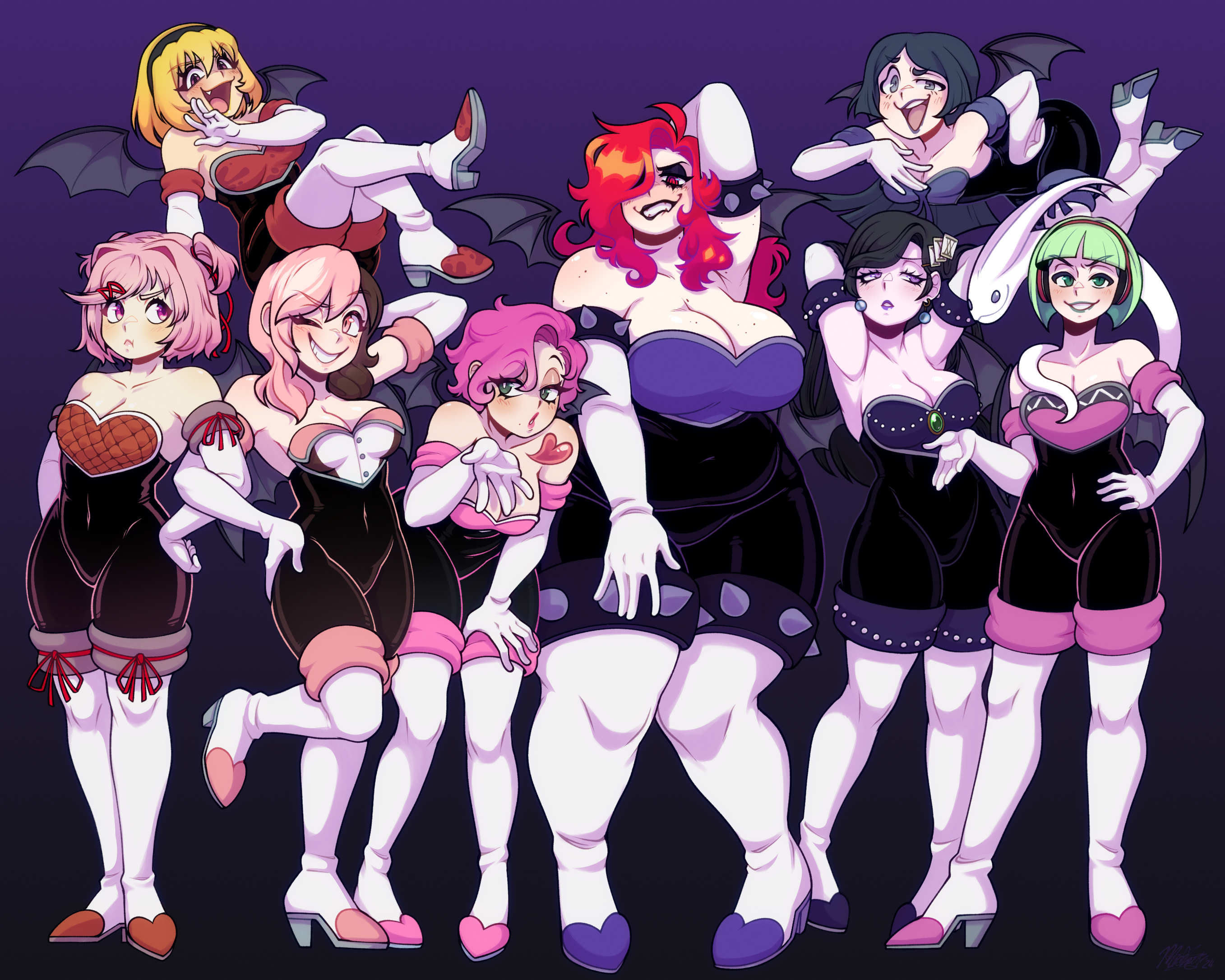 toxicsoul77, barbara parker, houjou satoko, natsuki (doki doki literature club), neopolitan (rwby), phonon (under night in-birth), rouge the bat, toon michaela, danganronpa (series), doki doki literature club, higurashi no naku koro ni, little witch academia, rwby, sonic (series), under night in-birth, highres, 6+girls, black bodysuit, bodysuit, boots, cosplay, crossover, full body, high heel boots, high heels, lipstick, makeup, multiple crossover, multiple girls, rouge the bat (cosplay)
