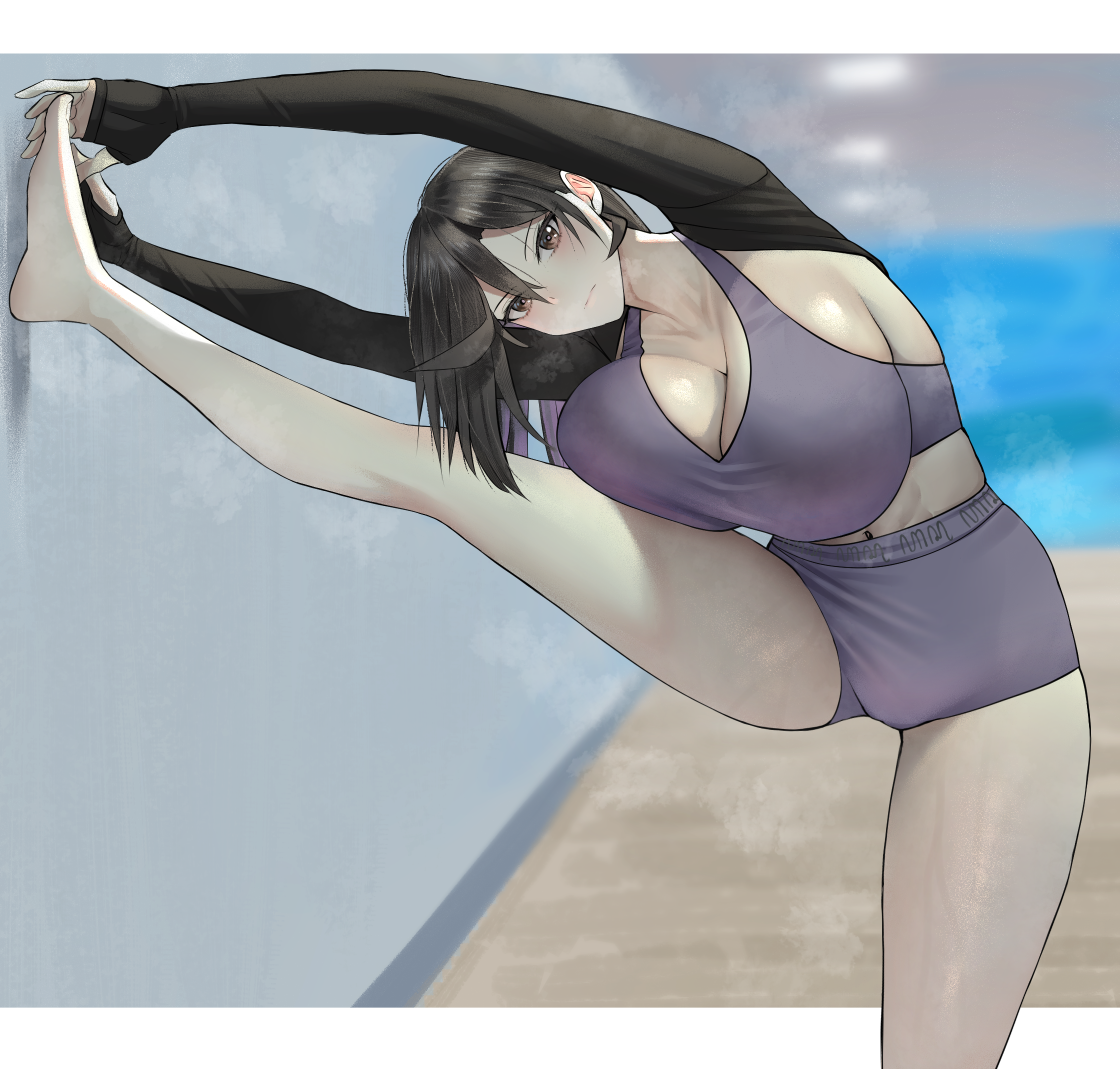 zaenathi, renata (zaenathi), original, highres, 1girl, abs, against wall, barefoot, black hair, black shrug, breast rest, breasts, brown eyes, closed mouth, collarbone, exercising, feet, foot against wall, hands on own foot, hanging breasts, high-waist shorts, huge breasts, indoors, leg up, letterboxed, long sleeves, looking at viewer, medium hair, micro shorts, navel, purple sports bra, shorts, shrug (clothing), sports bra, spread legs, standing, standing on one leg, steaming body, stretching, thighs