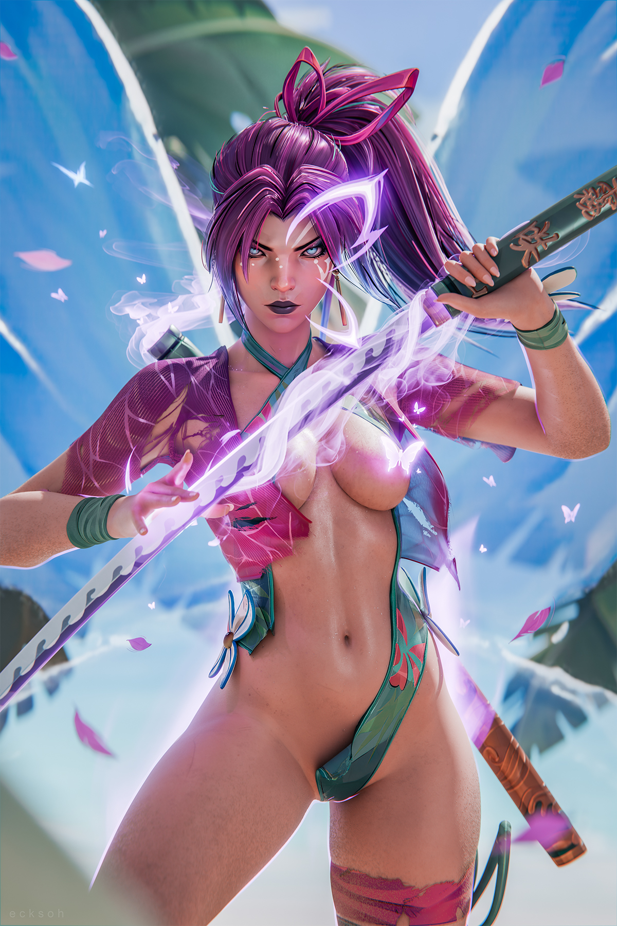 ecksoh, psylocke, psylocke (breezy butterfly), marvel, marvel rivals, x-men, highres, 1girl, 3d, aura, black lips, blue eyes, bow, breasts, bug, butterfly, butterfly wings, cameltoe, convenient censoring, glowing, glowing butterfly, glowing sword, glowing weapon, glowing wings, hair bow, holding, holding sword, holding weapon, insect, insect wings, katana, looking at viewer, navel, official alternate costume, ponytail, purple hair, scabbard, sheath, solo, stomach, swimsuit, sword, thigh gap, torn clothes, torn swimsuit, weapon, wings