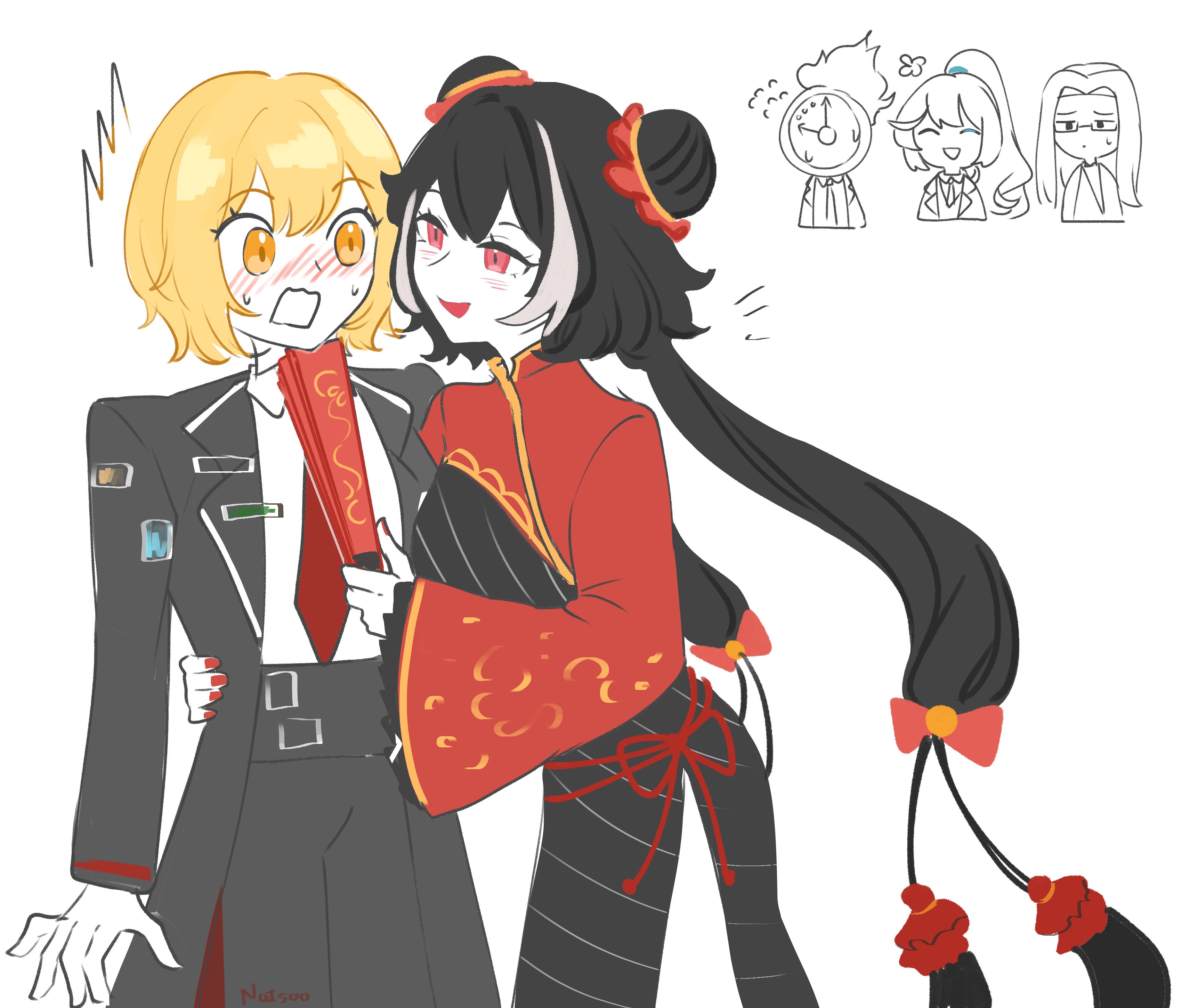 natsoo (natsoomeee), dante (limbus company), don quixote (project moon), hong lu (project moon), jia xichun (project moon), limbus company, project moon, absurdres, highres, 1other, 2boys, 2girls, black coat, black dress, black hair, black pants, blonde hair, blush, chibi, chibi inset, chinese clothes, clock, coat, collared shirt, double bun, dress, hair bun, hand fan, long hair, long sleeves, looking at another, multicolored hair, multiple boys, multiple girls, necktie, open mouth, pants, pink eyes, red necktie, red shrug, rope belt, shirt, short hair, shrug (clothing), simple background, standing, streaked hair, twintails, upper body, wei (project moon), white background, white shirt, white streaks, yellow eyes