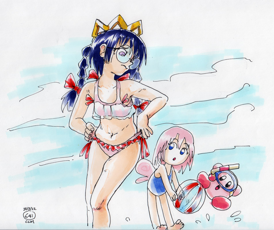 paperclm, kirby, ribbon (kirby), ripple star queen, kirby (series), kirby 64, nintendo, archived source, 2girls, ball, beachball, bikini, black hair, blue eyes, bow, dated, fairy, fairy wings, glasses, hair bow, holding, holding ball, holding beachball, long hair, midriff, multiple girls, navel, one-piece swimsuit, pink bikini, purple eyes, red bow, signature, snorkel, snorkel mask, swimsuit, wings