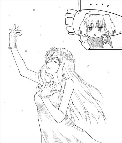 ranka lee, sheryl nome, macross, macross frontier, 00s, 2girls, bare shoulders, bracelet, closed eyes, collarbone, dress, expressionless, greyscale, hand on own chest, head wreath, jewelry, jitome, long hair, monochrome, multiple girls, simple background, upper body, white background, x mouth