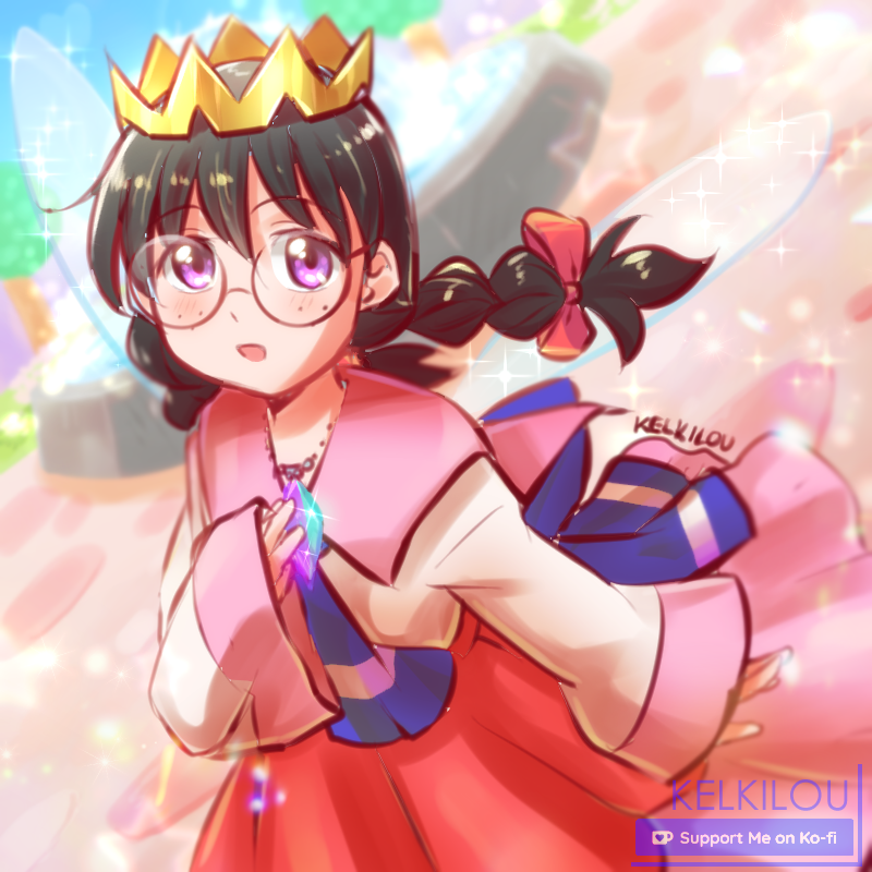 kelkilou, ripple star queen, kirby (series), kirby 64, nintendo, commission, 1girl, artist name, black hair, bow, crown, crystal, fairy, fairy wings, freckles, glasses, hair bow, holding, holding crystal, long hair, long skirt, looking at viewer, pink bow, pink skirt, purple eyes, skirt, sleeves past wrists, smile, wings
