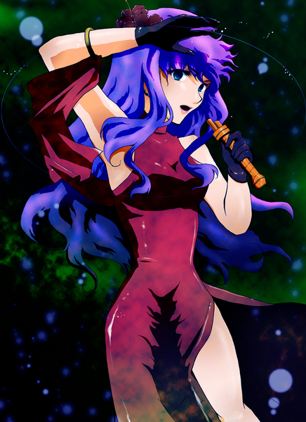 sheryl nome, macross, macross frontier, 00s, gloves, green eyes, long hair, microphone, purple hair, solo