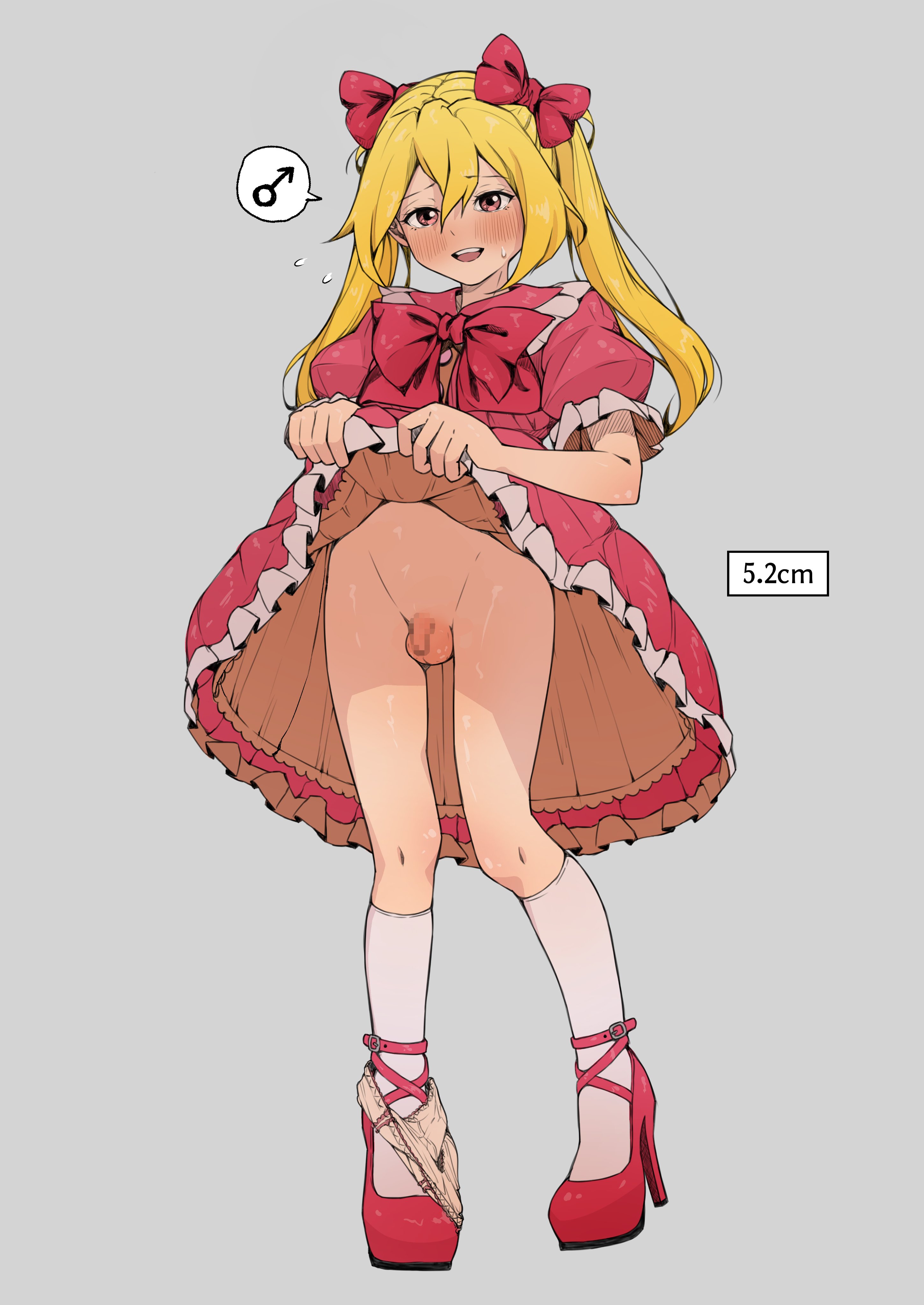 akaihoppe, absurdres, highres, 1boy, blonde hair, blush, bow, brown eyes, clothes lift, crossdressing, crossdressing (mtf), dress, hair bow, high heels, long hair, mars symbol, panties, pink dress, red ribbon, ribbon, speech bubble, trap, twintails, underwear