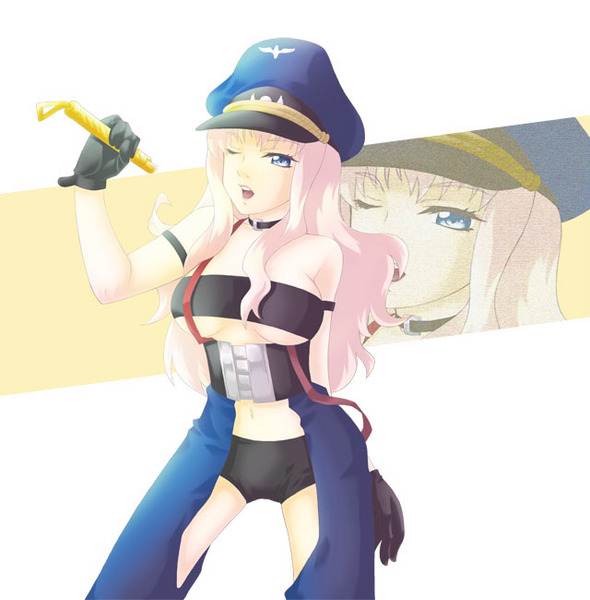 sheryl nome, macross, macross frontier, 00s, 1girl, blue eyes, breasts, female focus, gloves, hat, large breasts, long hair, microphone, peaked cap, pink hair, solo, suspenders, underboob, zoom layer