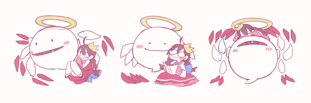 midooka (o k k), ripple star queen, zero two (kirby), kirby (series), kirby 64, nintendo, 1girl, black hair, blush, book, braid, crown, glasses, halo, holding, holding book, long hair, low twin braids, multiple views, one-eyed, red eyes, simple background, sleeves past fingers, sleeves past wrists, smile, twin braids, white background