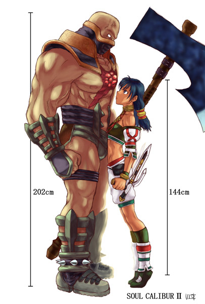 itou yuuji, astaroth (soulcalibur), talim, namco, soul calibur, soulcalibur, soulcalibur ii, homunculus, 1boy, 1girl, arm guards, axe, bald, bladed tonfa, blue hair, copyright name, detached sleeves, eye contact, halterneck, height chart, height difference, huge weapon, leg warmers, lineup, looking at another, looking down, looking up, mask, midriff, muscular, no pupils, shorts, simple background, size difference, strapless, tiptoes, tonfa, tube top, weapon