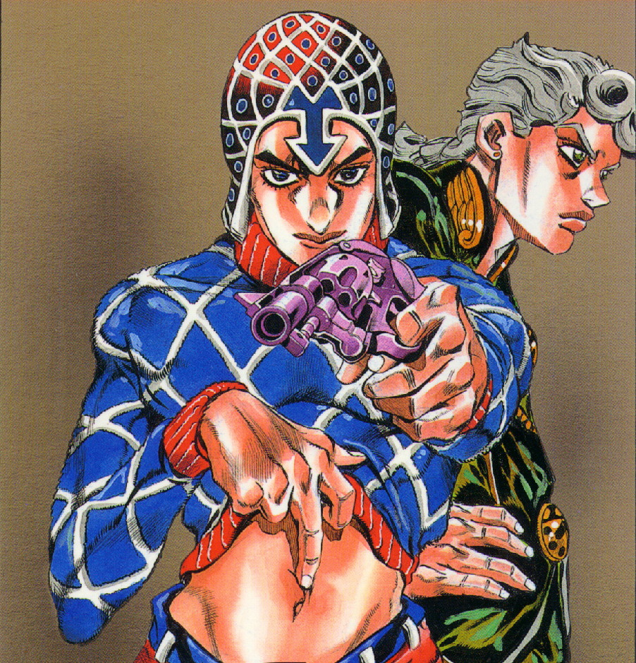 araki hirohiko, giorno giovanna, guido mista, jojo no kimyou na bouken, vento aureo, silver hair, official art, 2boys, argyle clothes, argyle sweater, blue eyes, green eyes, gun, handgun, hat, male focus, manly, midriff, multiple boys, navel, revolver, sweater, turtleneck, weapon