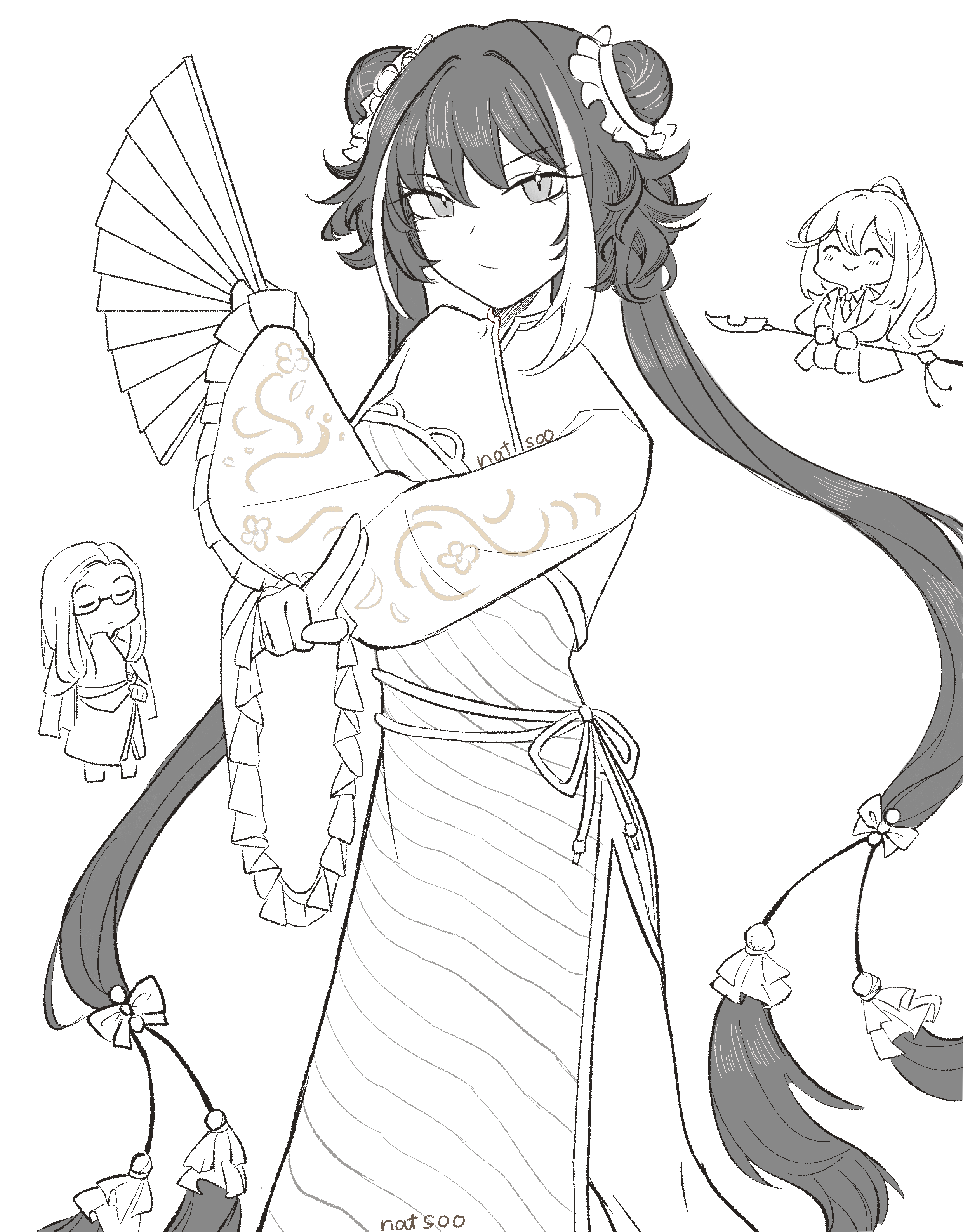 natsoo (natsoomeee), hong lu (project moon), jia xichun (project moon), limbus company, project moon, absurdres, highres, 1girl, 2boys, black dress, black hair, chibi, chibi inset, double bun, dress, full body, greyscale, hair bun, hand fan, long hair, looking at viewer, monochrome, multicolored hair, multiple boys, rope belt, shrug (clothing), simple background, solo focus, standing, streaked hair, twintails, upper body, wei (project moon), white background, white streaks
