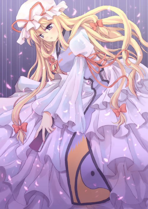 kuguri oimo, yakumo yukari, touhou, bad id, bad pixiv id, 1girl, blonde hair, dress, female focus, folded fan, folding fan, gradient background, hair ribbon, hand fan, hat, long hair, purple eyes, ribbon, solo