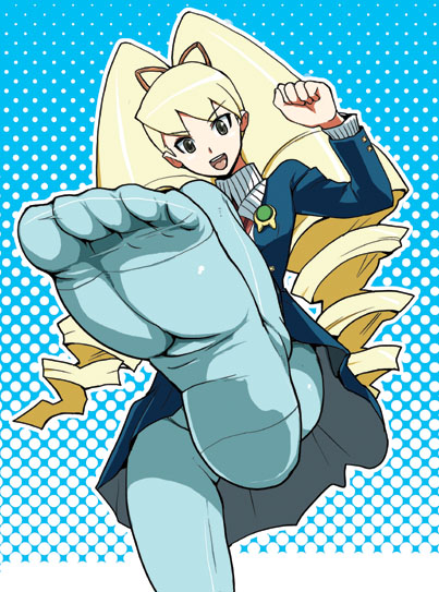 heriyama, luna platz (mega man), capcom, mega man (series), mega man star force (series), 00s, 1girl, big hair, blazer, blonde hair, blue pantyhose, drill hair, feet, female focus, foot focus, foreshortening, from below, jacket, long hair, pantyhose, ribbon, ringlets, school uniform, solo, upskirt