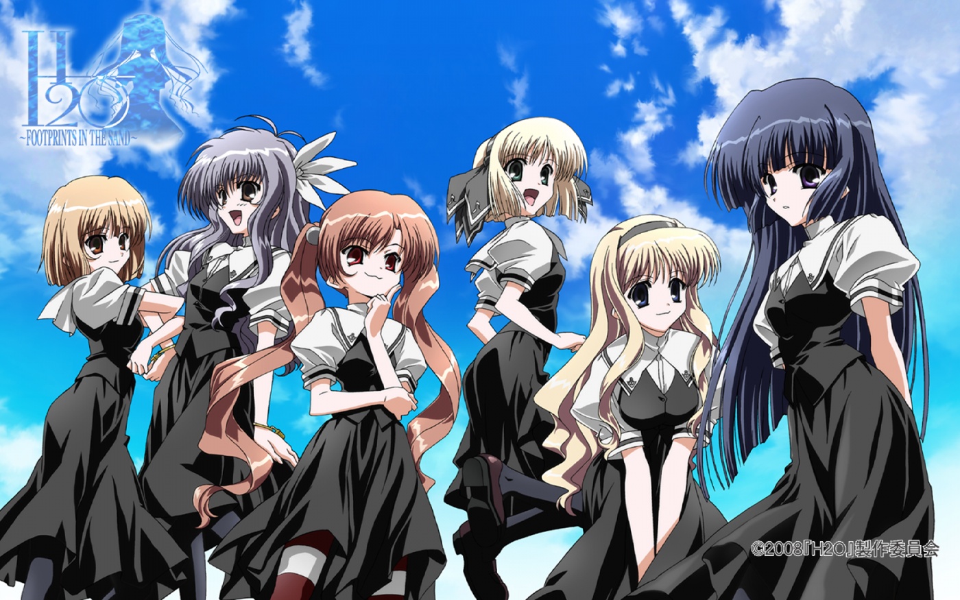 kagura hinata, kohinata hayami, kumon maki, otoha (h2o), tabata yui, yakumo hamaji, h2o footprints in the sand, 00s, 1boy, 5girls, cloud, day, multiple girls, pantyhose, school uniform, serafuku, sky, trap