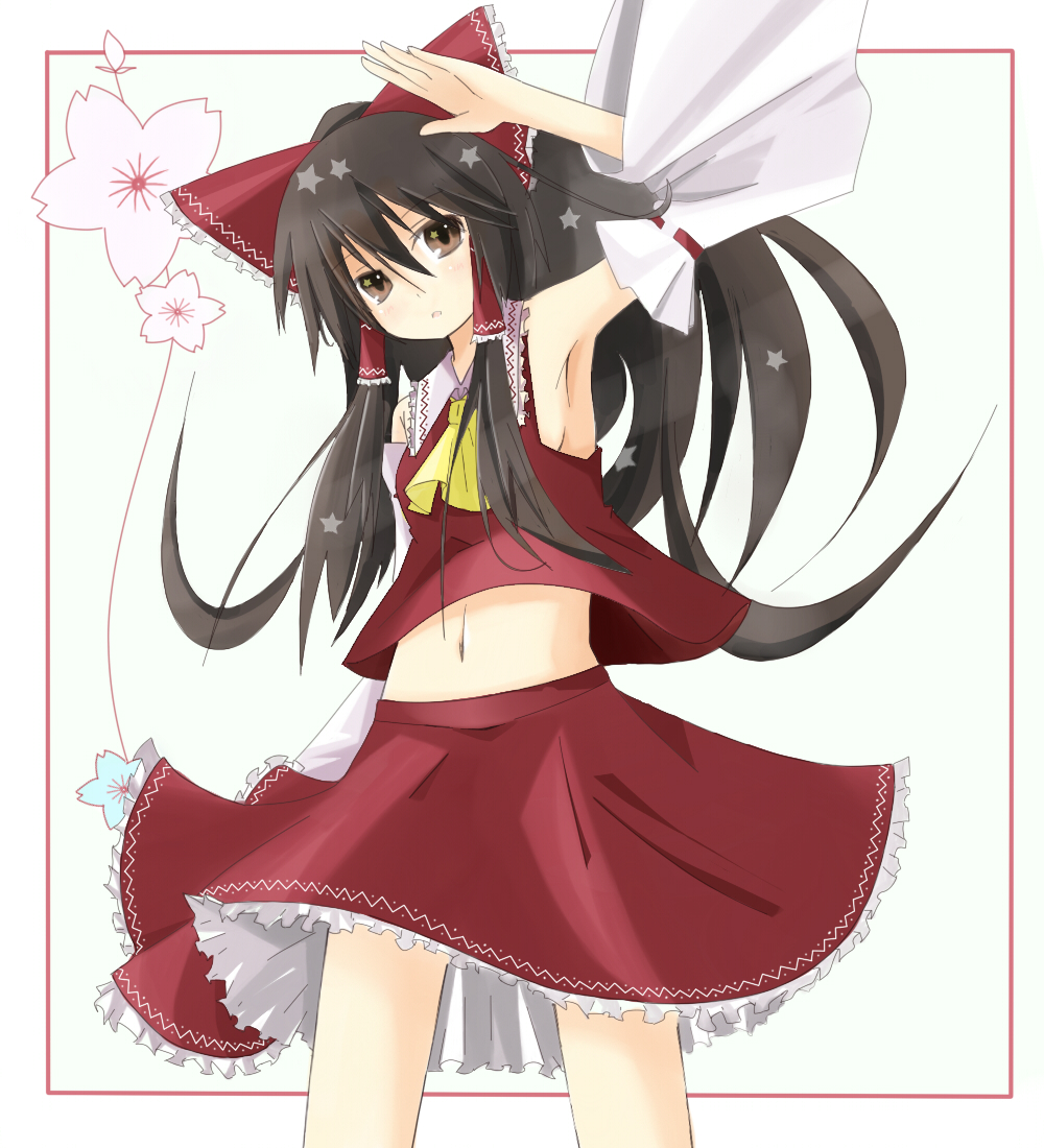 kitsune (artist), kitsune (scaz), hakurei reimu, imperishable night, touhou, 1girl, armpits, cherry blossoms, cowboy shot, female focus, floral background, flower, japanese clothes, miko, outside border, ribbon, solo