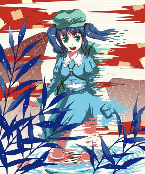 b-ginga, kawashiro nitori, touhou, bad id, bad pixiv id, 1girl, aqua eyes, bag, blue hair, camouflage, digital camouflage, female focus, hat, short hair, solo, symbol-shaped pupils, twintails, two side up, wading, water