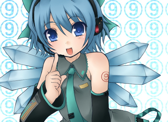 jyako, cirno, hatsune miku, touhou, vocaloid, 1girl, circled 9, cosplay, dress, female focus, hatsune miku (cosplay), parody, solo, white background