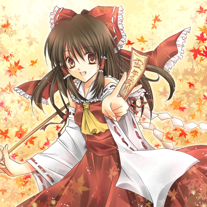 min-mu, hakurei reimu, touhou, 1girl, female focus, gohei, japanese clothes, leaf, miko, nature, ofuda, plant, ribbon, skirt, solo