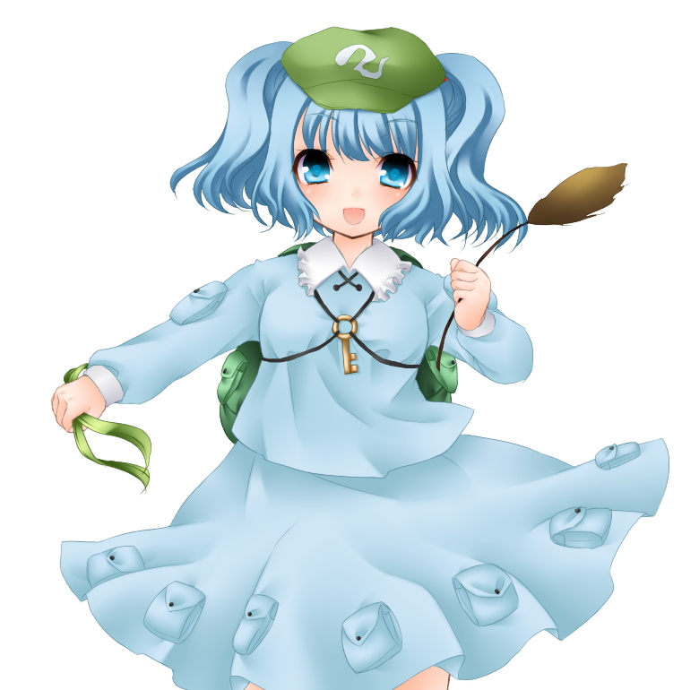 jyako, kawashiro nitori, touhou, 1girl, :d, backpack, bag, blue dress, blue eyes, blue hair, cowboy shot, dress, dual wielding, female focus, flat cap, hat, holding, key, looking at viewer, matching hair/eyes, open mouth, pocket, simple background, smile, solo, two side up, white background