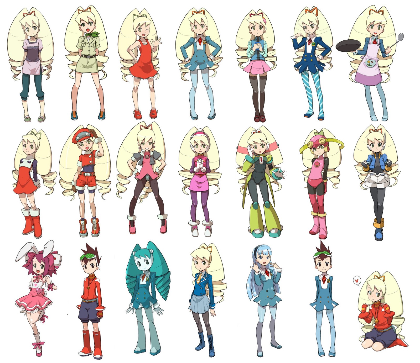 heriyama, aile (mega man zx), ciel (mega man), geo stelar (mega man), jenny wakeman, luna platz (mega man), mayl sakurai (mega man), pallette (mega man), roll.exe (mega man), roll (mega man), roll caskett (mega man), ryuuzaki umi, sonia strumm (mega man), tron bonne (mega man), usada hikaru, capcom, di gi charat, magic knight rayearth, mega man (classic), mega man (series), mega man battle network, mega man battle network (series), mega man legends (series), mega man star force (series), mega man x (series), mega man zero (series), mega man zx, my life as a teenage robot, nickelodeon, bad id, bad pixiv id, highres, 5girls, aile (cosplay), android, big hair, blonde hair, blue pantyhose, blue skirt, boots, ciel (mega man) (cosplay), cosplay, costume chart, crossdressing, crossdressing (ftm), crossover, crotch plate, drill hair, everyone, feet, green boots, hat, jenny wakeman (cosplay), leotard, long hair, mayl sakurai (mega man) (cosplay), multiple crossover, multiple girls, newsboy cap, palette (rockman x) (cosplay), pallette (mega man) (cosplay), panties, panties under pantyhose, pantyhose, pink boots, red shorts, roll.exe (mega man) (cosplay), roll (mega man) (cosplay), roll caskett (mega man) (cosplay), ryuuzaki umi (cosplay), school uniform, shorts, simple background, skirt, thighhighs, tron bonne (mega man) (cosplay), underwear, usada hikaru (cosplay), white background, zettai ryouiki