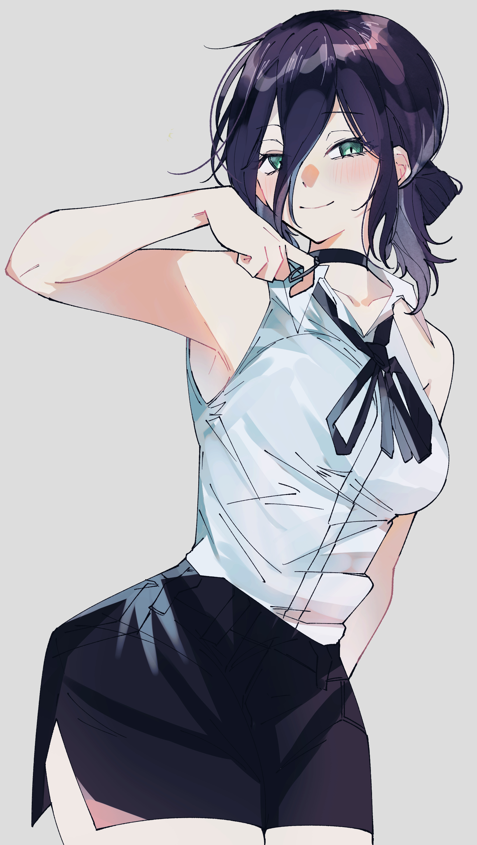 suna (hanahanaamika), reze (chainsaw man), chainsaw man, absurdres, highres, 1girl, black hair, black shorts, breasts, closed mouth, green eyes, grey background, hair bun, looking at viewer, medium breasts, shirt, shorts, sleeveless, sleeveless shirt, smile, solo, white shirt