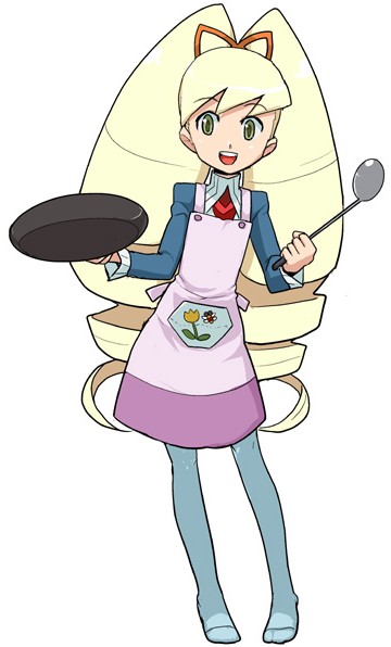 heriyama, luna platz (mega man), capcom, mega man (series), mega man star force (series), 00s, 1girl, apron, big hair, blonde hair, blue pantyhose, cooking, drill hair, female focus, pantyhose, solo