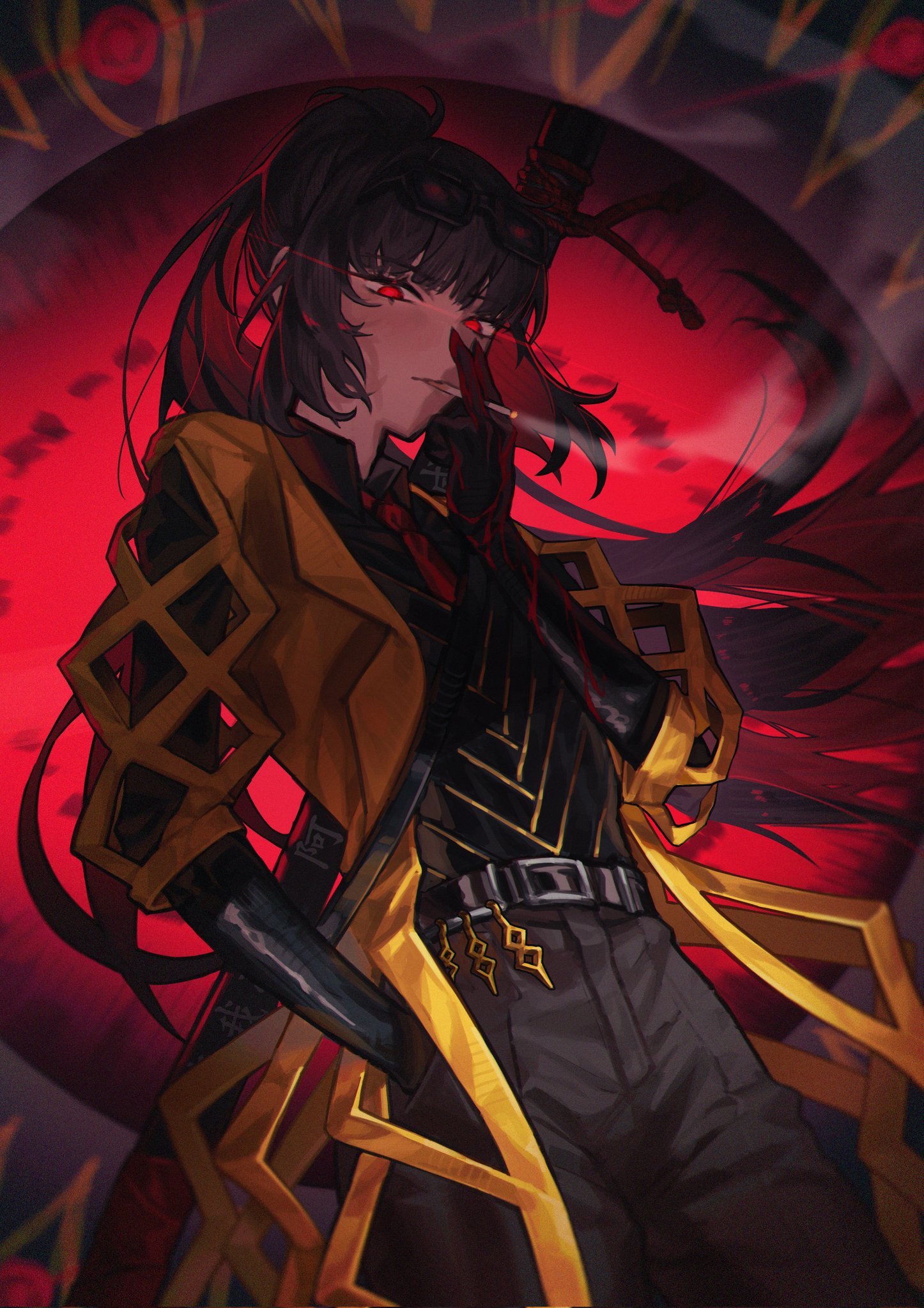 ryoshu (project moon), limbus company, project moon, highres, 1girl, ahemsehszlfmf, black gloves, black hair, black pants, black shirt, black vest, blood, blood on hands, cigarette, coat, collared shirt, contempt awe (e.g.o), e.g.o (project moon), gloves, long hair, long sleeves, looking at viewer, n corp. e.g.o (identity) (project moon), pants, red background, red eyes, shirt, simple background, smoking, solo, standing, upper body, vest, yellow coat