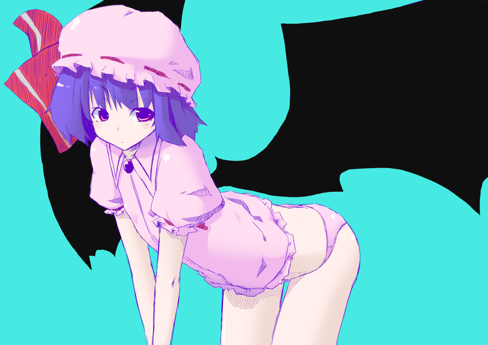 muranisaki, remilia scarlet, touhou, bad id, bad pixiv id, highres, 1girl, blue hair, female focus, hat, panties, ribbon, short hair, simple background, solo, underwear, wings