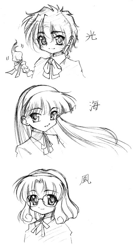 roadmaxter, hououji fuu, ryuuzaki umi, shidou hikaru, magic knight rayearth, archived source, commentary request, graphite (medium), korean commentary, scan, traditional media, 3girls, blunt bangs, braid, braided ponytail, character name, closed mouth, collared shirt, curled ends, dot nose, glasses, greyscale, hair between eyes, hair intakes, hair ribbon, hairband, jacket, long hair, looking at viewer, low-braided long hair, low-tied long hair, medium hair, monochrome, motion lines, multiple girls, neck ribbon, nose pads, parted lips, ponytail, ribbon, rimless eyewear, shirt, simple background, smile, split mouth, straight hair, upper body, white background, wing collar
