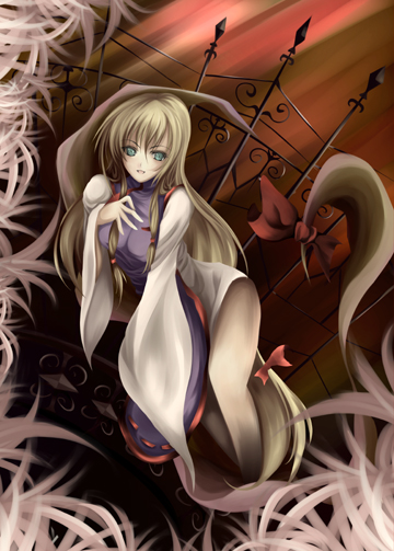 seiha (tinnke), yakumo yukari, touhou, bad id, bad pixiv id, 1girl, blonde hair, female focus, gap (touhou), long hair, ribbon, solo