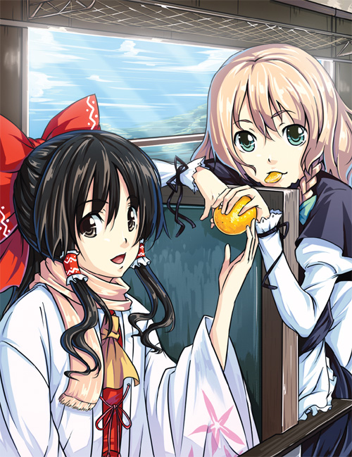 satori, satori (transient wind), hakurei reimu, kirisame marisa, touhou, 2girls, :d, adapted costume, ascot, blonde hair, braid, eating, female focus, floral print, food, foreshortening, fruit, green eyes, indoors, juliet sleeves, long sleeves, looking at viewer, mandarin orange, multiple girls, open mouth, puffy long sleeves, puffy sleeves, scarf, single braid, smile, train, train interior, wide sleeves