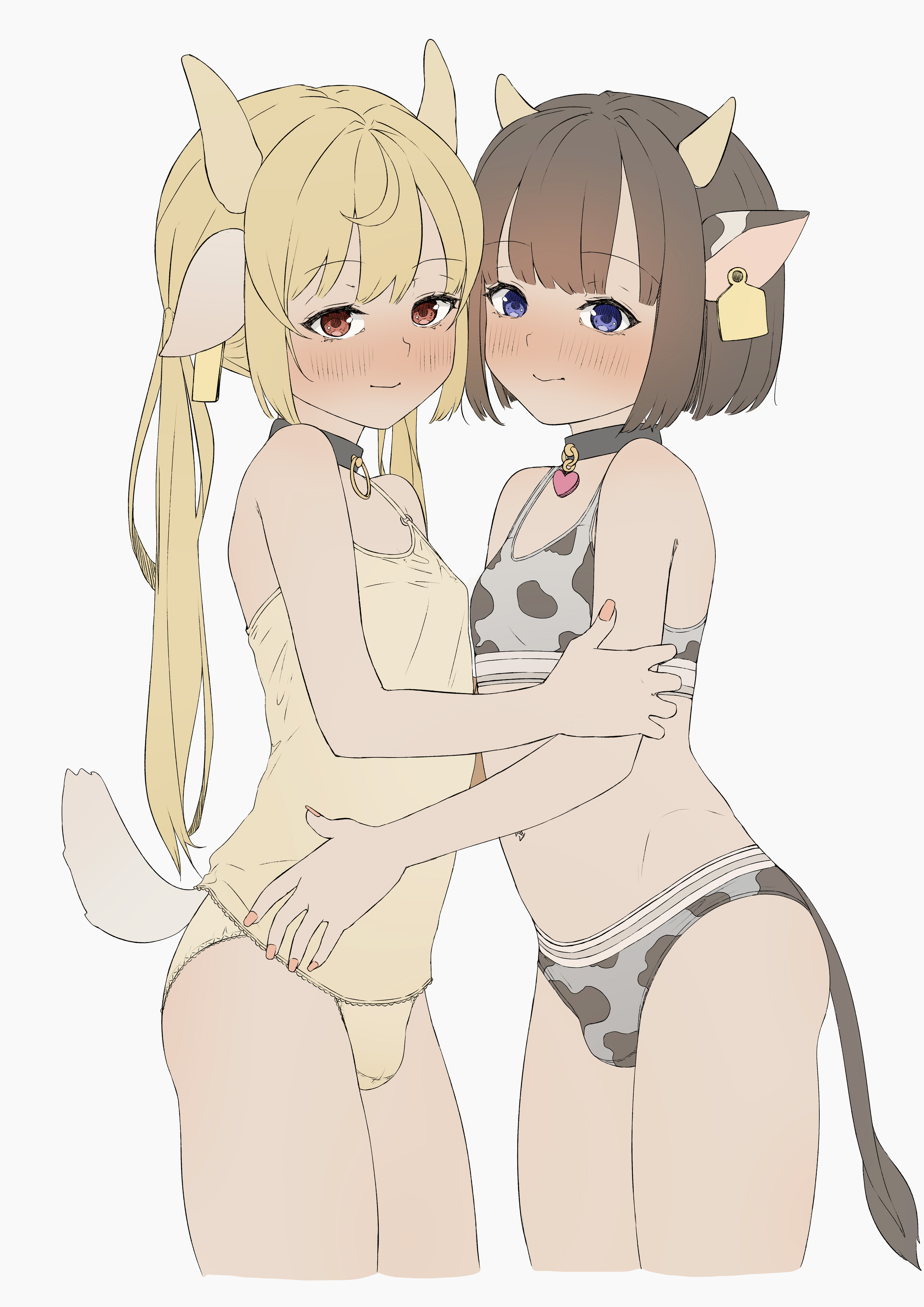 akaihoppe, absurdres, highres, animal ears, blonde hair, blue eyes, blush, bra, brown eyes, brown hair, bulge, choker, cow ears, cow tail, crossdressing, crossdressing (mtf), hug, long hair, panties, tail, trap, underwear