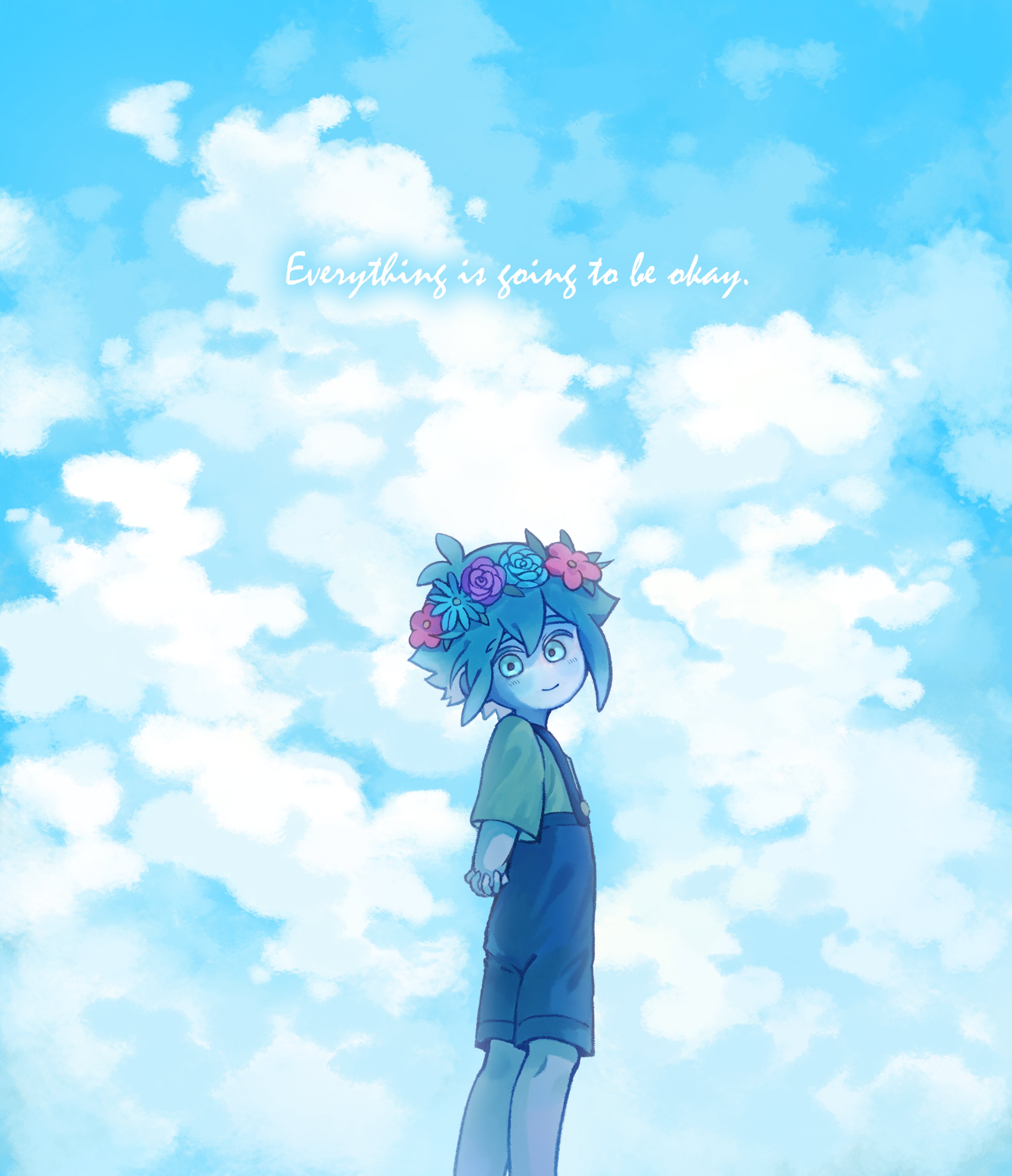 thatbirdcanfly, basil (headspace) (omori), basil (omori), omori, absurdres, highres, 1boy, arms behind back, blue overalls, blue sky, blush, closed mouth, cloud, cloudy sky, colored skin, double-parted bangs, english text, flower, green eyes, green hair, green shirt, hair between eyes, head wreath, looking at viewer, male focus, overall shorts, overalls, shirt, short hair, short sleeves, sidelocks, sky, smile, solo, t-shirt, white skin