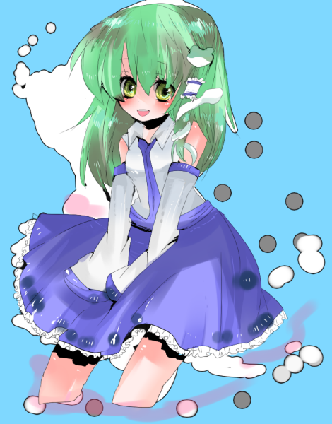 i chi, ichi (antonym), kochiya sanae, touhou, bad id, bad pixiv id, 1girl, female focus, frog, green hair, japanese clothes, long hair, miko, snake, solo
