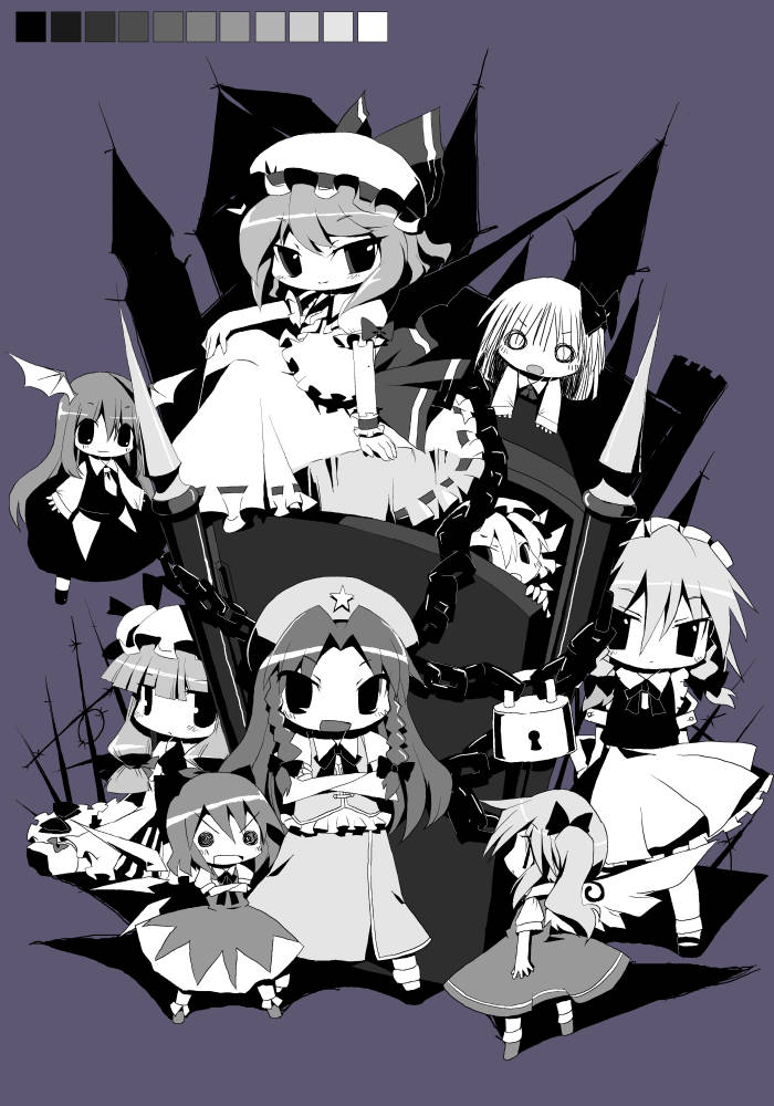 kawachi yamato, kawauchi yamato, cirno, daiyousei, flandre scarlet, hong meiling, izayoi sakuya, koakuma, patchouli knowledge, remilia scarlet, rumia, embodiment of scarlet devil, touhou, 6+girls, chibi, female focus, monochrome, multiple girls, purple background