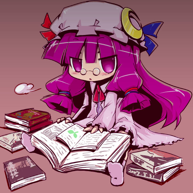 kawachi yamato, kawauchi yamato, patchouli knowledge, touhou, jpeg artifacts, 1girl, bespectacled, book, chibi, female focus, full body, glasses, gradient background, sitting, solo
