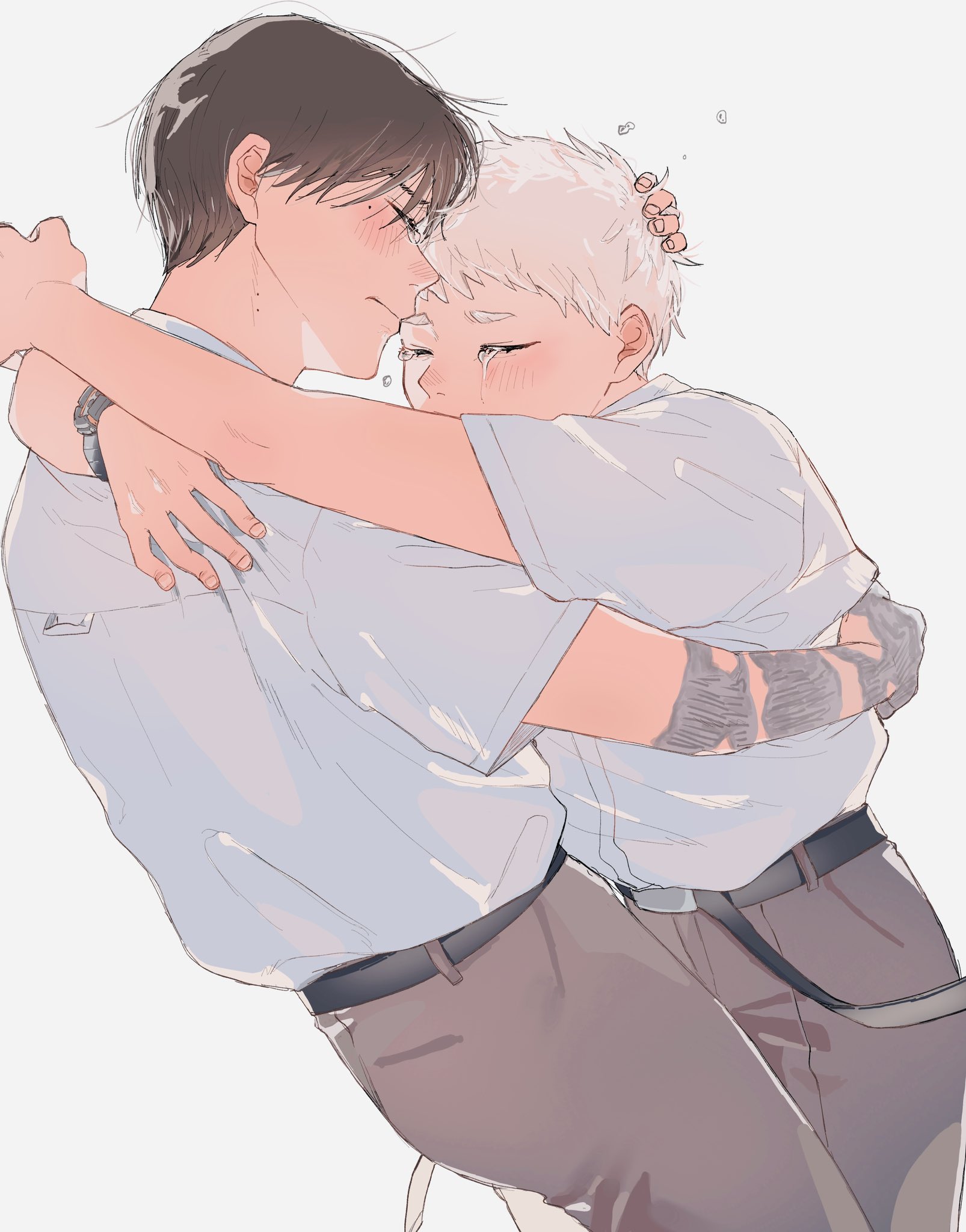 indou hikaru, tsujinaka yoshiki, hikaru ga shinda natsu, commentary request, highres, 2boys, arm around waist, arms around neck, belt, black belt, black hair, blush, closed eyes, closed mouth, crying, dutch angle, feet out of frame, frown, grey pants, hand on another's head, male focus, multiple boys, pants, shirt, shirt tucked in, short sleeves, shotou 56, simple background, tears, watch, white background, white hair, white shirt, wristwatch, yaoi