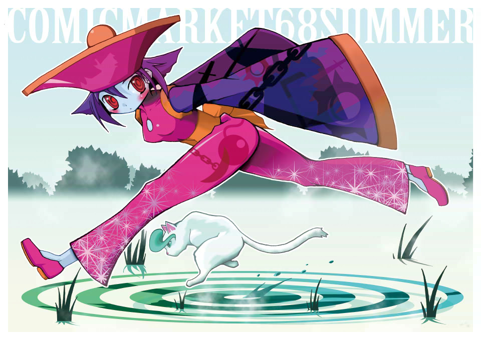 kawachi yamato, kawauchi yamato, felicia (darkstalkers), hsien-ko, capcom, darkstalkers, fur, 1girl, @ @, animal, brooch, cat, crazy eyes, female focus, flipped hair, from side, gem, green eyes, jewelry, looking at viewer, looking to the side, pale skin, pointy ears, red eyes, running, slit pupils, solo, undead, walking, walking on liquid, water, zombie