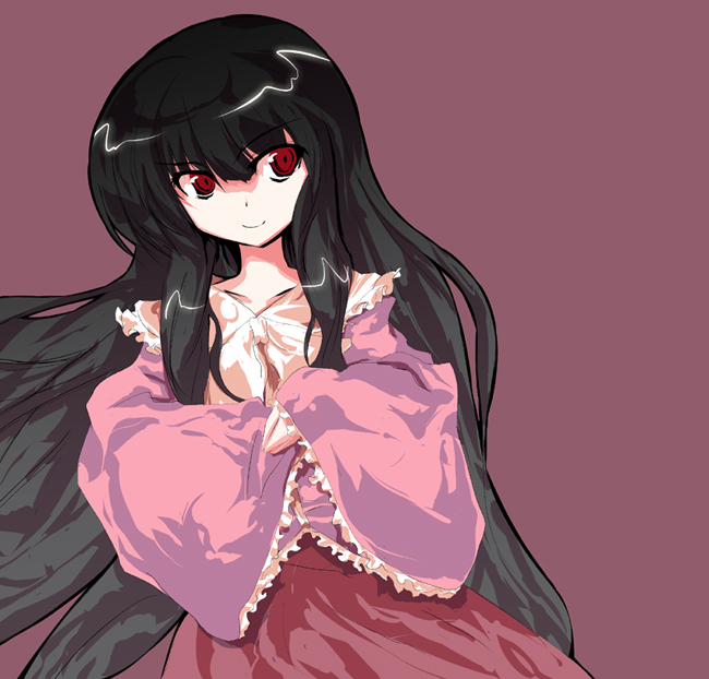 asagi (kabocha oukoku), asagi shii, hisago (pixiv), houraisan kaguya, touhou, bad id, bad pixiv id, 1girl, alphes (style), black hair, female focus, frills, japanese clothes, long hair, long sleeves, parody, red eyes, ribbon, simple background, sleeves past wrists, smile, solo, style parody, very long hair, wide sleeves