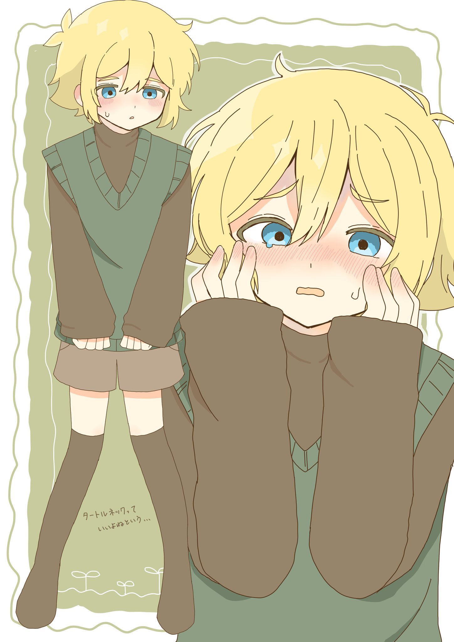 yuuabara, basil (faraway) (omori), basil (omori), omori, highres, translation request, 1boy, alternate costume, antenna hair, blonde hair, blue eyes, blush, brown shorts, brown thighhighs, double-parted bangs, full body, hair between eyes, hands on own cheeks, hands on own face, long sleeves, looking at viewer, male focus, open mouth, parted lips, short hair, shorts, solo, sweatdrop, thighhighs