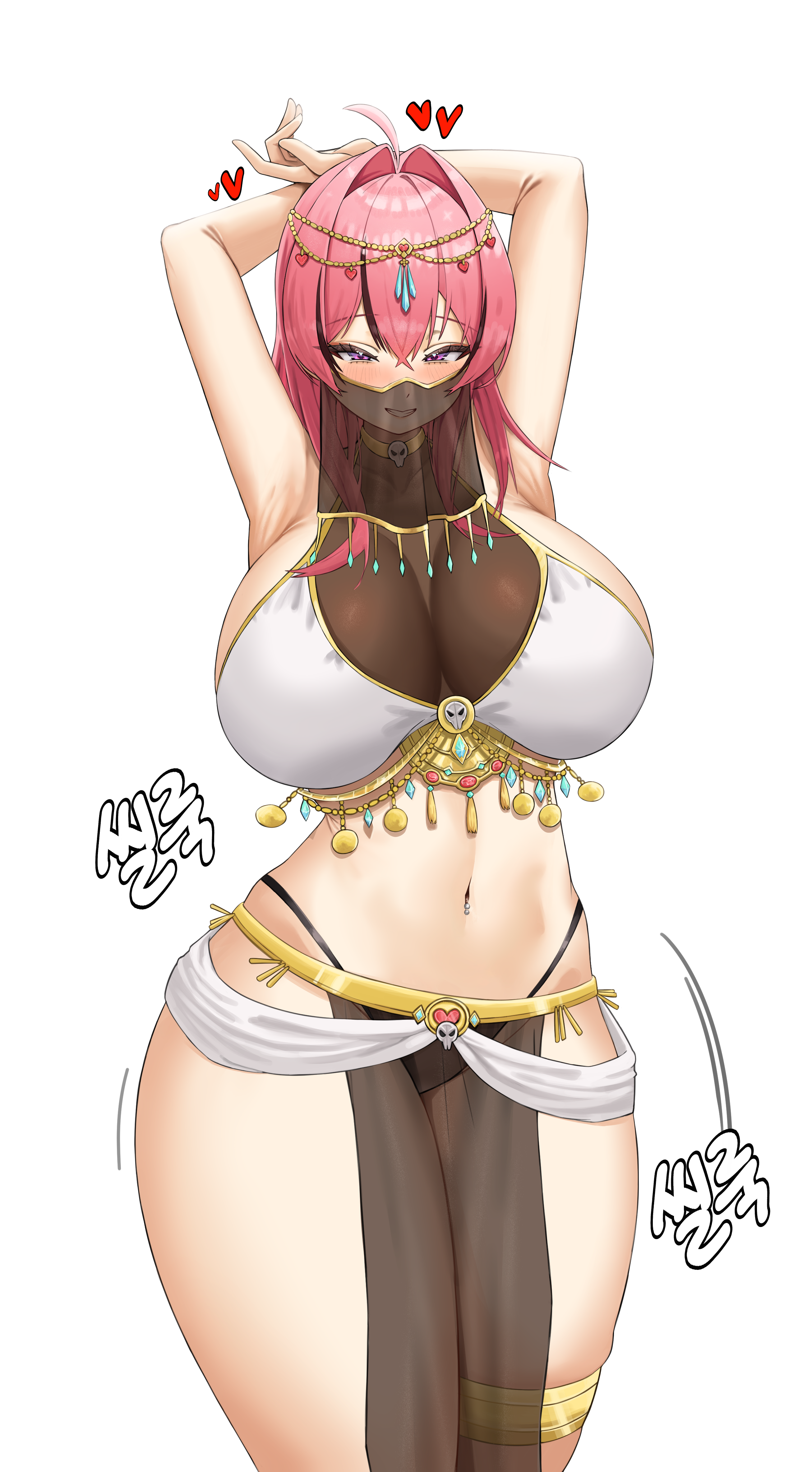 bluepaint, mast (nikke), goddess of victory: nikke, absurdres, highres, translation request, 1girl, arm up, armpits, breasts, heart, jewelry, large breasts, navel, navel piercing, piercing, pink hair, simple background, smile, solo, white background