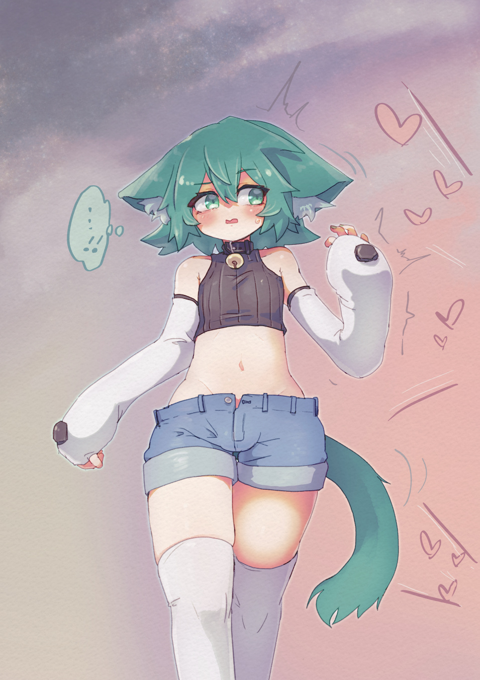 tbkeesuu, original, bad link, highres, 1boy, androgynous, animal ears, bell, black tank top, blush, brown shorts, green eyes, green hair, male focus, navel, neck bell, shii (tbkeesuu), shirt, shorts, solo, stomach, tail, tank top, trap