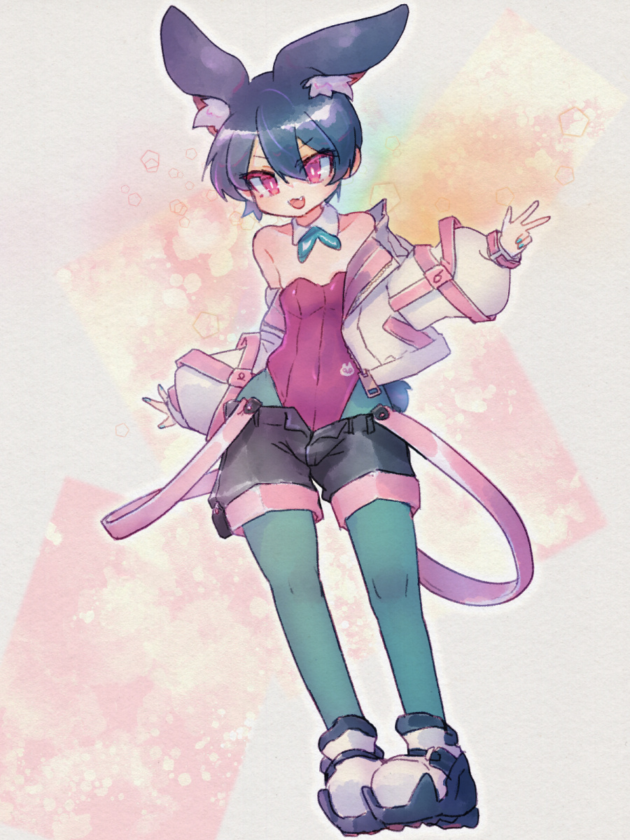 tbkeesuu, bad link, highres, 1boy, animal ears, bare shoulders, black hair, black shorts, crossdressing, crossdressing (mtf), jacket, leotard, pink eyes, playboy bunny, rabbit ears, rabbit tail, shoes, short hair, shorts, tail, thighhighs, trap